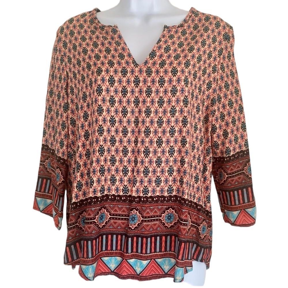 Francesca’s Blue Rain Boho V Neck 3/4 Sleeve Blouse Size Small